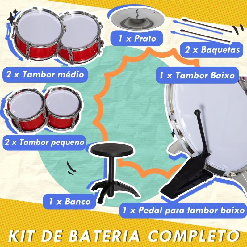 AIYAPLAY Bateria Infantil com Banco Bateria para Crianças Acima de 3 Anos com Tambores Pedas e Baquetas 68,5x37x84 cm Vermelho