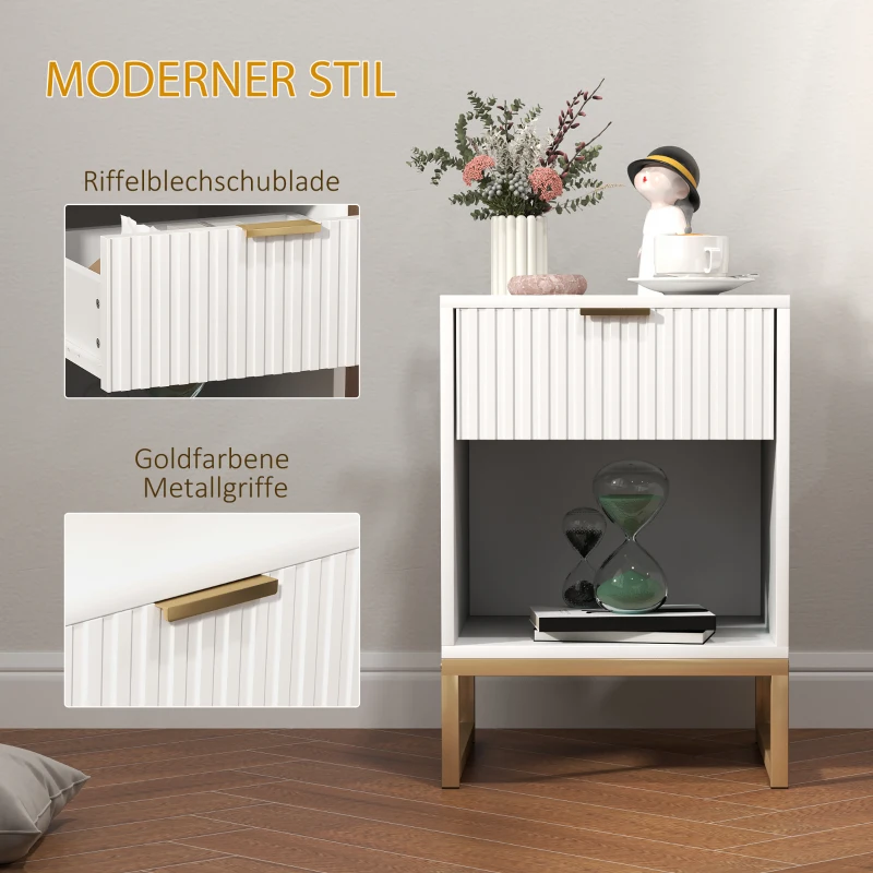 HOMCOM Nachtkastje met Lade en Plank, Opbergruimte en Metalen Poten, voor Slaapkamer, Woonkamer, Wit