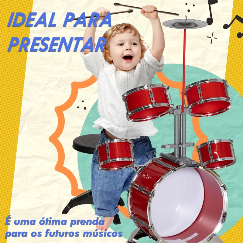 AIYAPLAY Bateria Infantil com Banco Bateria para Crianças Acima de 3 Anos com Tambores Pedas e Baquetas 68,5x37x84 cm Vermelho