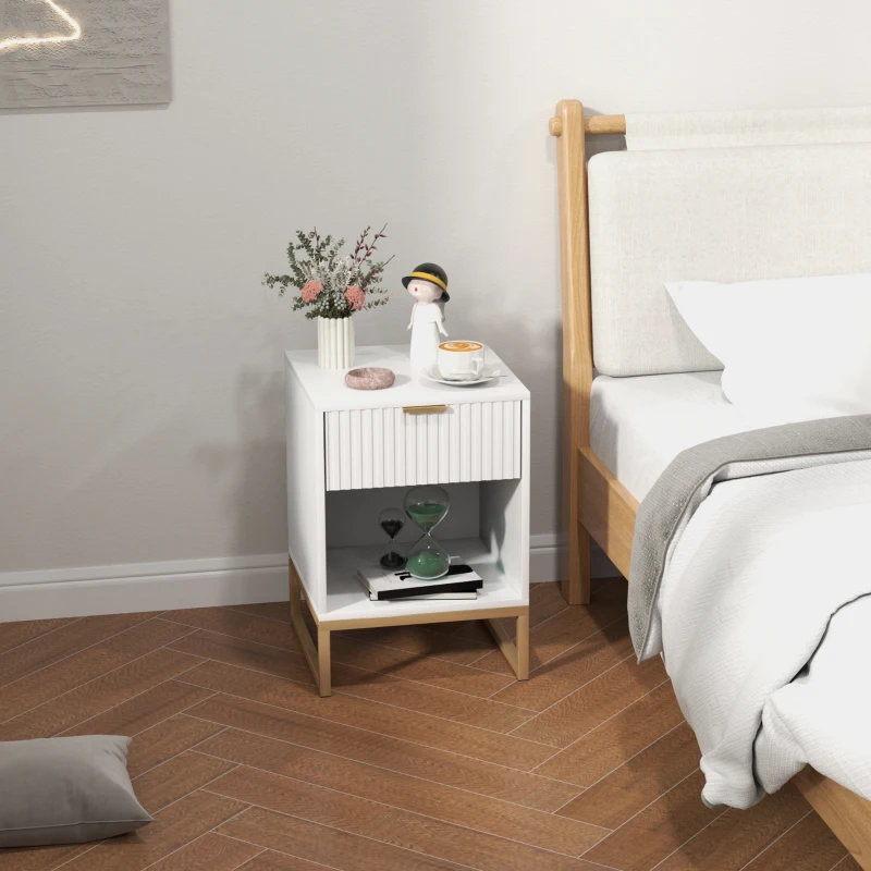 HOMCOM Nachtkastje met Lade en Plank, Opbergruimte en Metalen Poten, voor Slaapkamer, Woonkamer, Wit