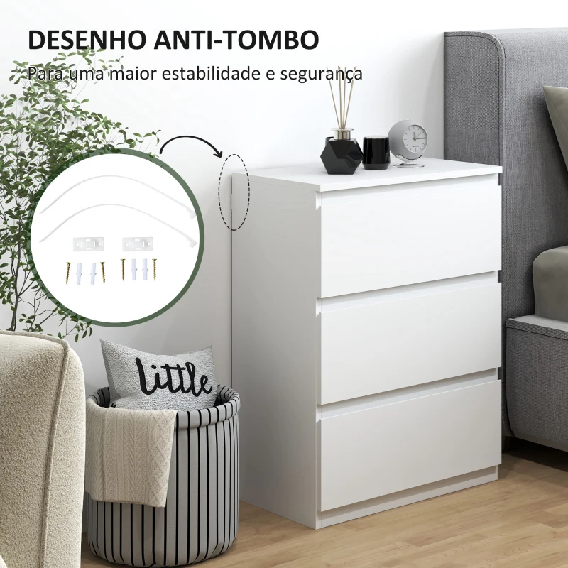 HOMCOM Cómoda com 3 Gavetas de Madeira Cómoda de Dormitório Cómoda Branca Estilo Moderno 55x34x75 cm Branco Brilhante