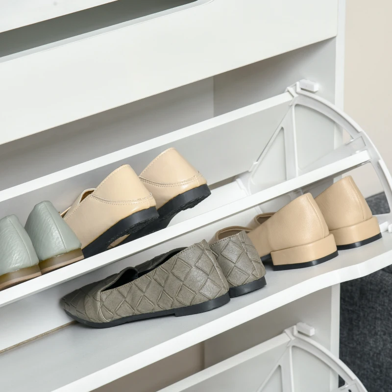 HOMCOM Móvel Sapateira de 2 Portas Sapateira Estreito para 16 Pares de Sapatos com Gaveta Prateleira Aberta e Bancada de Vidro para Corredor Entrada 89x23x96cm Branco