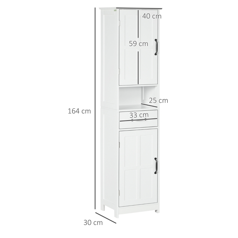 kleankin Coluna de Casa de Banho com 2 Portas 1 Gaveta Prateleira Aberta e Prateleiras Ajustáveis 40x30x164 cm Branco