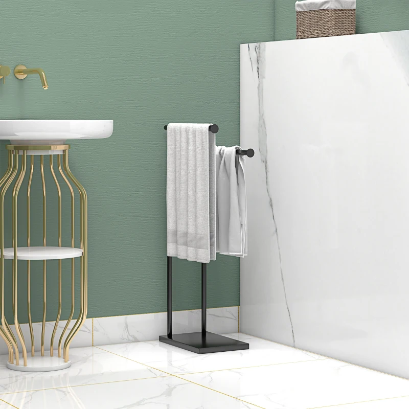 HOMCOM Toalheiro de Pé de 2 Níveis Toalheiro Casa de Banho com Estrutura de Metal Toalheiro em Forma de L 35,5x20x78 cm Preto