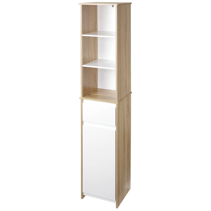 Kleankin Armário de banheiro alto com 1 porta  gaveta e 3 estantes Prateleira ajustável para sala de estar de cozinha 32,6x30x171,2 cm Madeira natural e branco