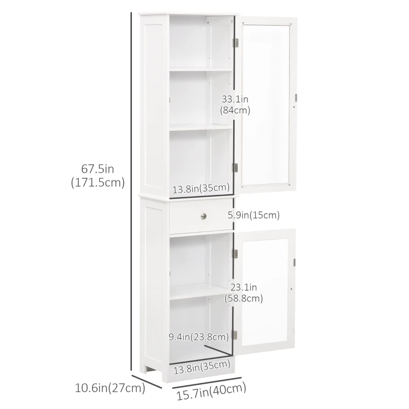 Kleankin Armário Alto para Casa de Banho Móvel Auxiliar de Banheiro de Estilo Moderno com 2 Portas Prateleiras Ajustáveis e 1 Gaveta 40x27x171,5cm Branco