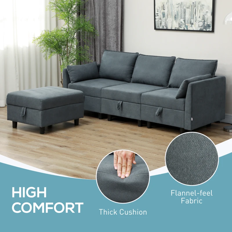 HOMCOM Canapea Modulară cu Taburet și Spații de Depozitare, Canapea Colțar 3 în Formă de L, 213x156x88 cm, Gri Închis