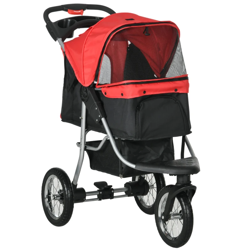 PawHut Hundewagen Hundebuggy mit 3 Rädern klappbar bis 10 kg Oxford Rot+Schwarz 109,5 x 54,5 x 106,5 cm