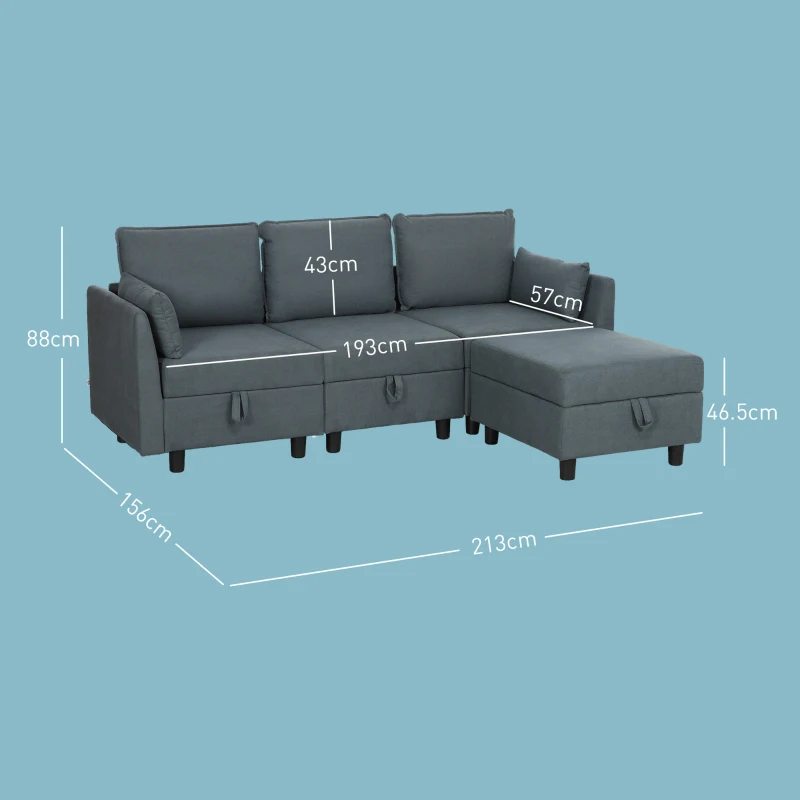 HOMCOM Canapea Modulară cu Taburet și Spații de Depozitare, Canapea Colțar 3 în Formă de L, 213x156x88 cm, Gri Închis