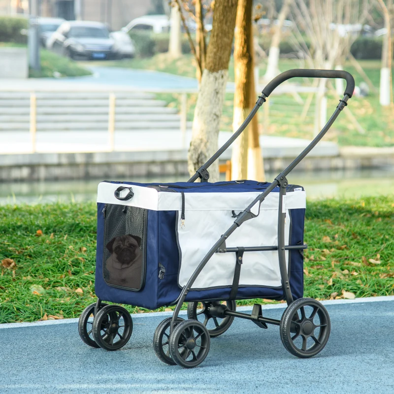 PawHut Hundbuggy Haustierbuggy Haustiertransporter bis 10kg klappbar verstellbare Trageriemen abnehmbarer Korb 81 x 58 x 97,5 cm Schwarz + Blau + Weiß(m-11)