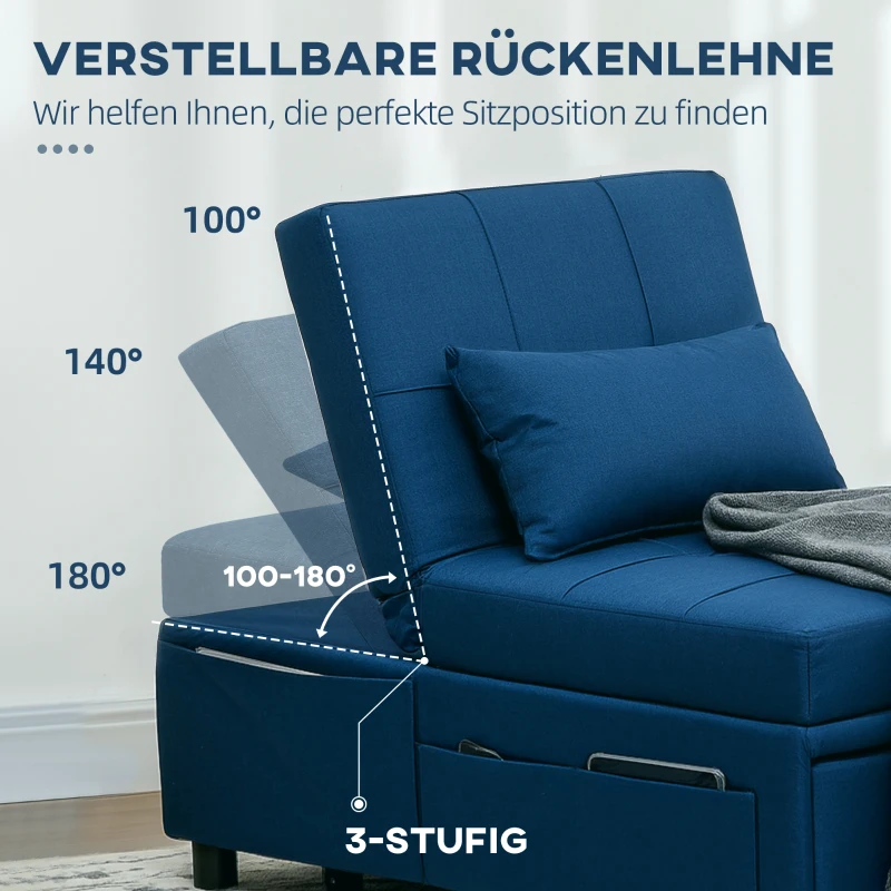 HOMCOM 3-in-1 Opvouwbare Fauteuil met Zijvak, Gastenbed met Kussen, Verstelbare Rugleuning, Stoelbed met Wielen, Blauw(m-5)