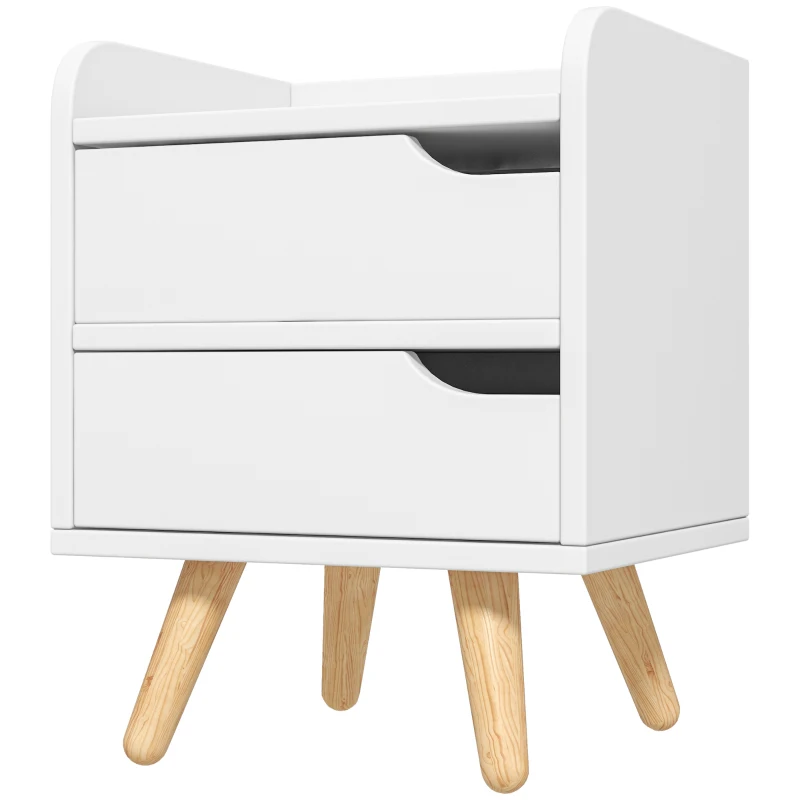 HOMCOM Noptiera cu 2 sertare picioare din pin mobila pentru casa alba