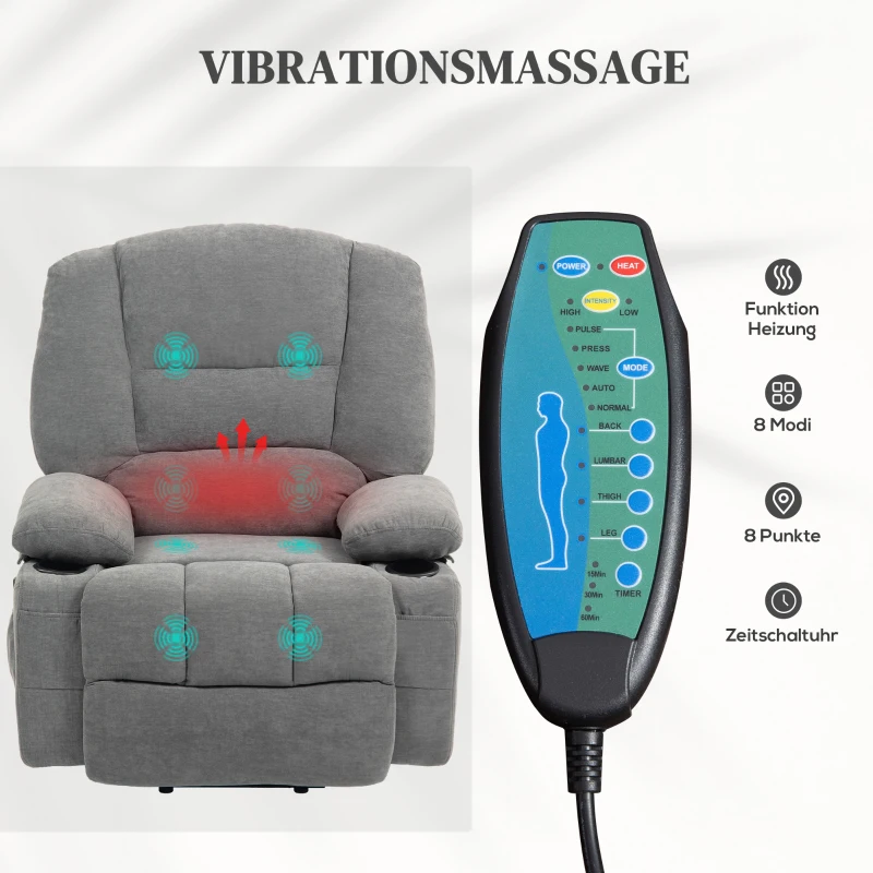 HOMCOM Elektrische Relaxstoel met Sta-op Hulp, Massagesstoel met Verwarmingsfuncties, 2 Afstandsbedieningen, Zacht Schuim(m-5)