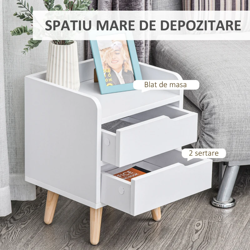 HOMCOM Noptiera cu 2 sertare picioare din pin mobila pentru casa alba