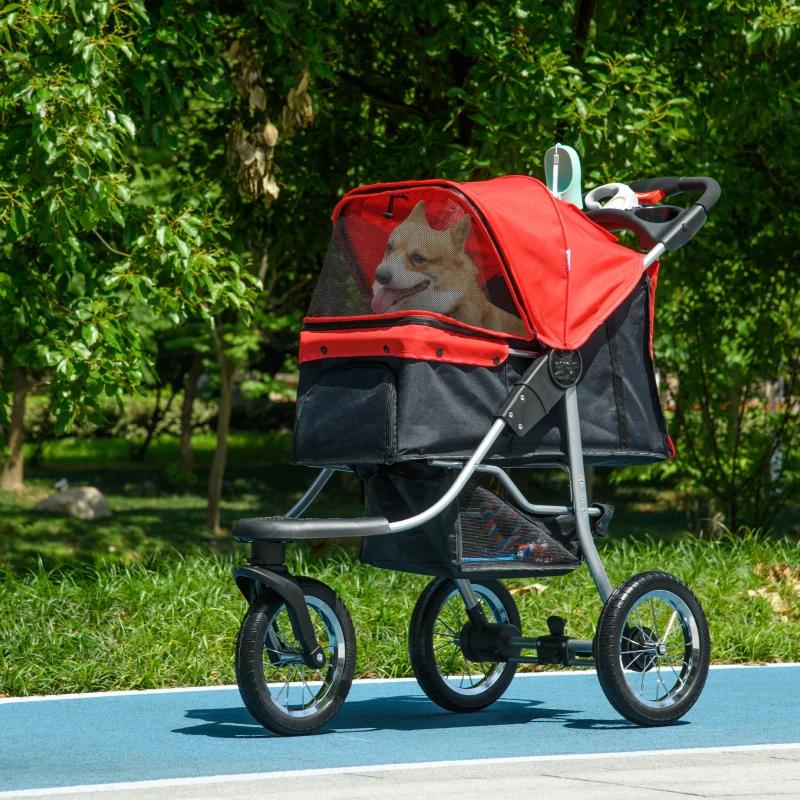 PawHut Hundewagen Hundebuggy mit 3 Rädern klappbar bis 10 kg Oxford Rot+Schwarz 109,5 x 54,5 x 106,5 cm