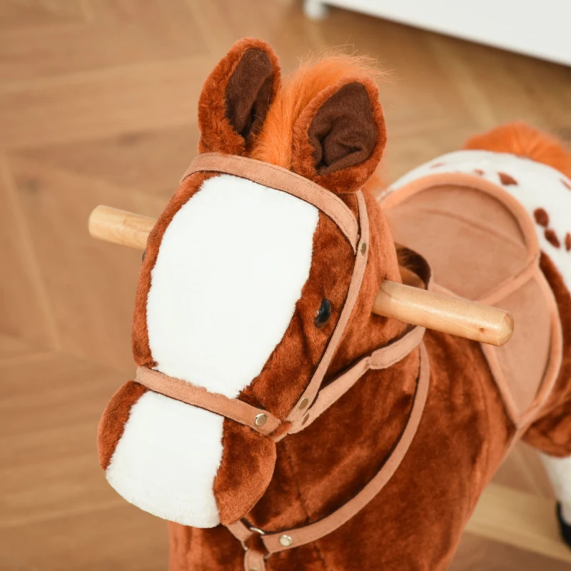 HOMCOM Cavallo a Dondolo in Legno con Suono Animale Regalo Giocattolo per i Bambini, 74 x 28 x 65 cm, Marrone