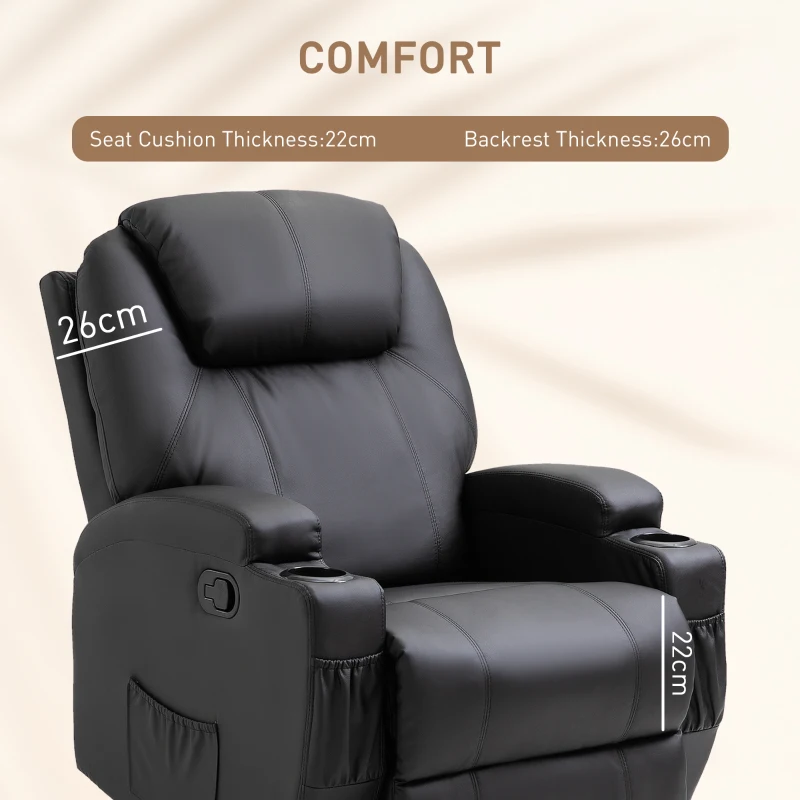 HOMCOM Recliner Chair, Recliner Massage Rocker Chair with 360° Rotate, 165° Reclining Function, Adjustable Footrest, Swivel Armchair Single Sofa for Living Room with Drink Holders, Side Pockets, Black