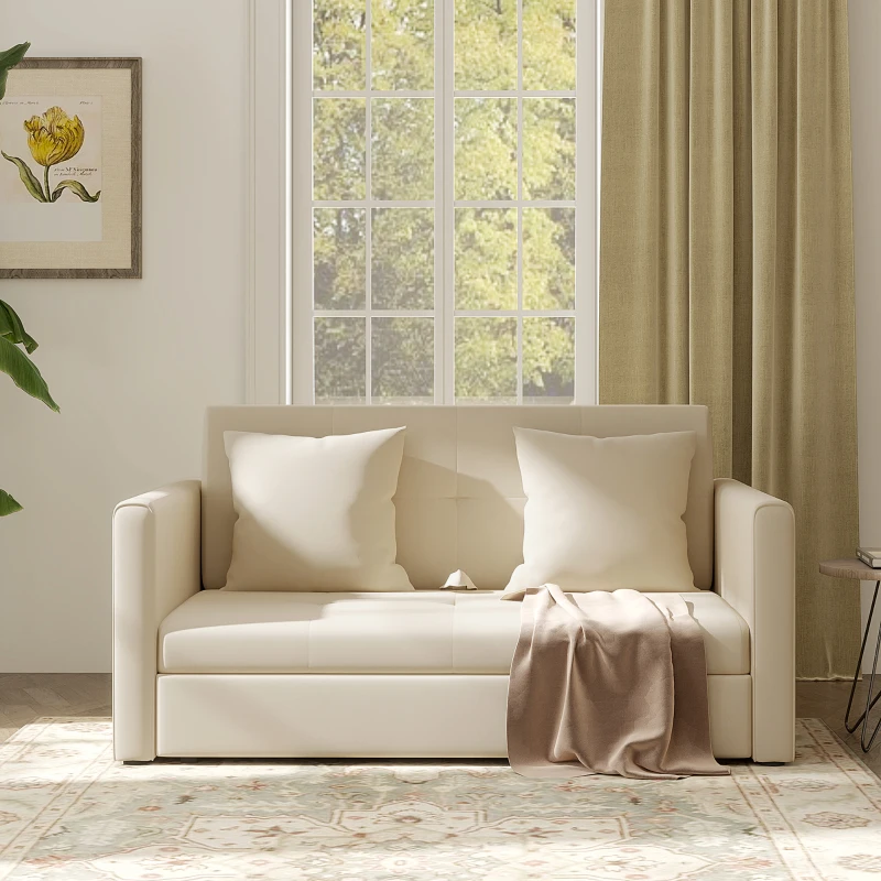 HOMCOM Sofá Cama de 2 Lugares com 2 Almofadas Apoio para os Braços e Armazenamento Sofá Duplo Moderno 152x101x81 cm Bege