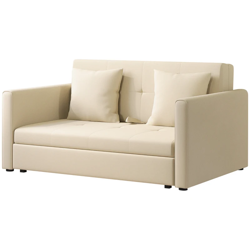 HOMCOM Sofá Cama de 2 Lugares com 2 Almofadas Apoio para os Braços e Armazenamento Sofá Duplo Moderno 152x101x81 cm Bege
