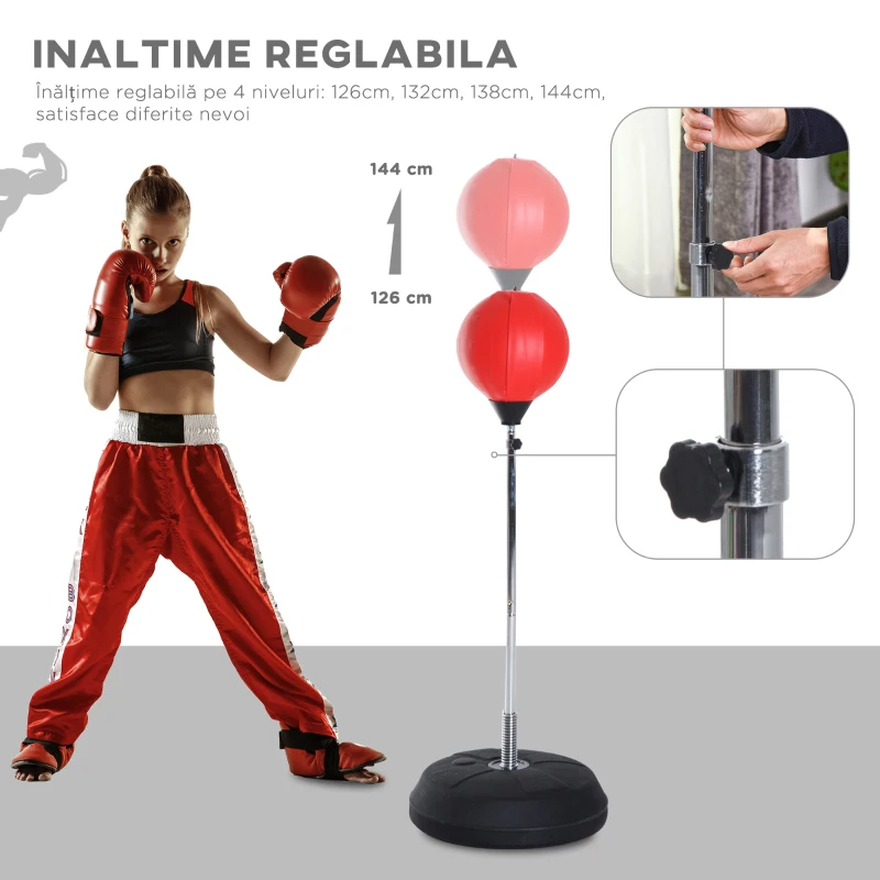 HOMCOM Sac de Box de Podea cu Înălțime Reglabilă, Mănuși de Box și Bază Umplută, 43x43x126-144 cm, Roșu