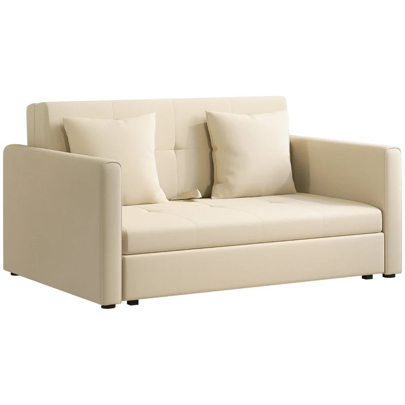HOMCOM Sofá Cama de 2 Lugares com 2 Almofadas Apoio para os Braços e Armazenamento Sofá Duplo Moderno 152x101x81 cm Bege