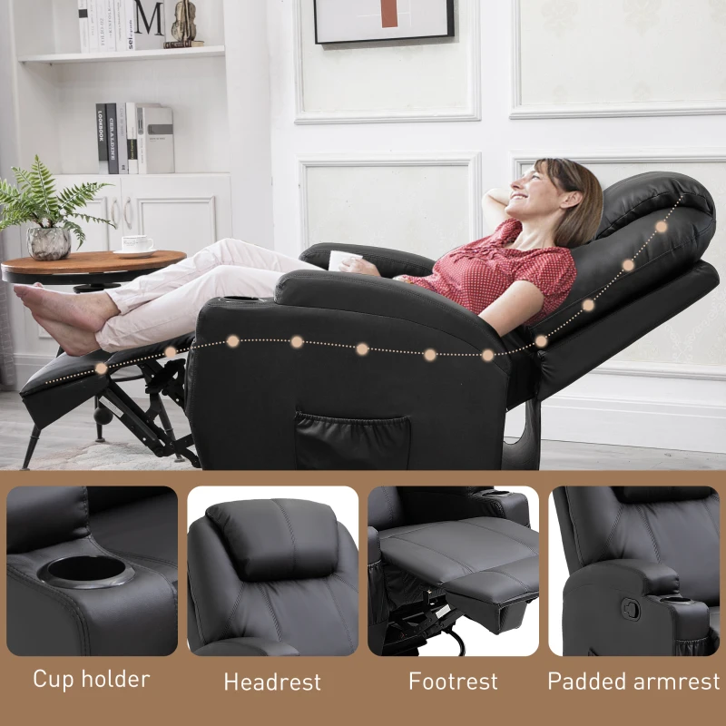 HOMCOM Recliner Chair, Recliner Massage Rocker Chair with 360° Rotate, 165° Reclining Function, Adjustable Footrest, Swivel Armchair Single Sofa for Living Room with Drink Holders, Side Pockets, Black