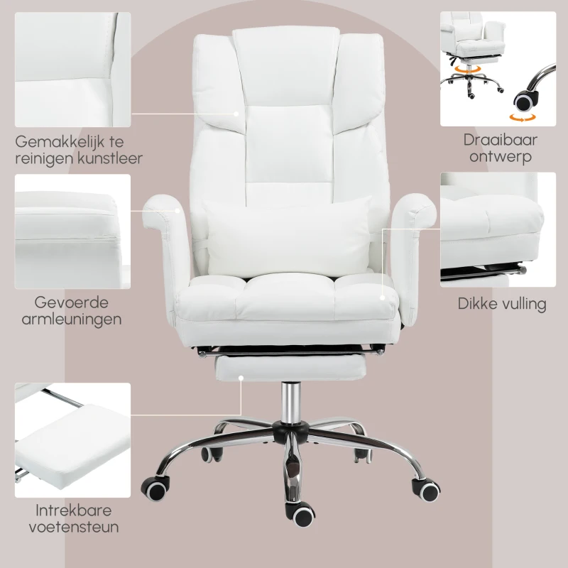 HOMCOM Ergonomische Bureaustoel, In Hoogte Verstelbaar 48-56 cm, Kantelbare Rugleuning, Voetsteun, Wit(m-5)