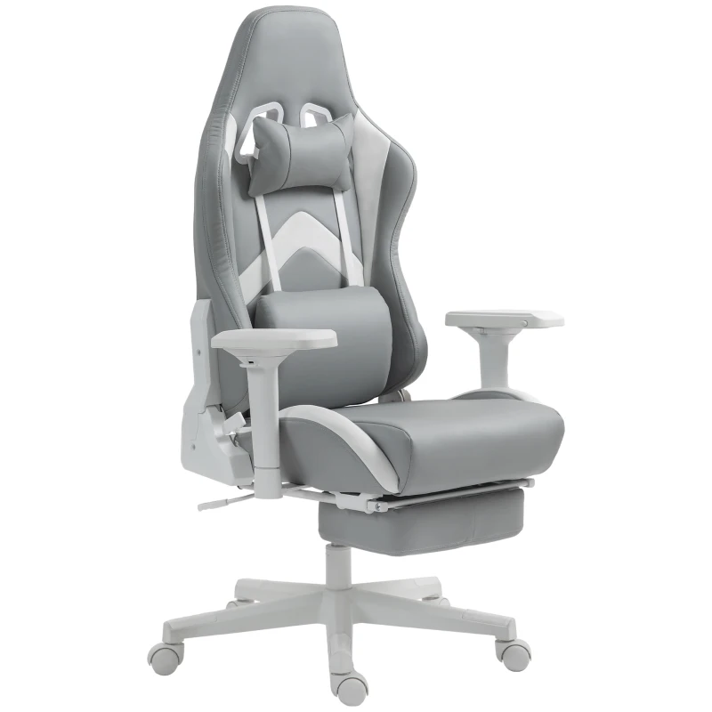 HOMCOM Cadeira Gamimg Reclinável com Apoio para os Pés Retrátil Suporte Lombar e Apoio para a Cabeça 74x73x120-129 cm Cinza Claro e Branco