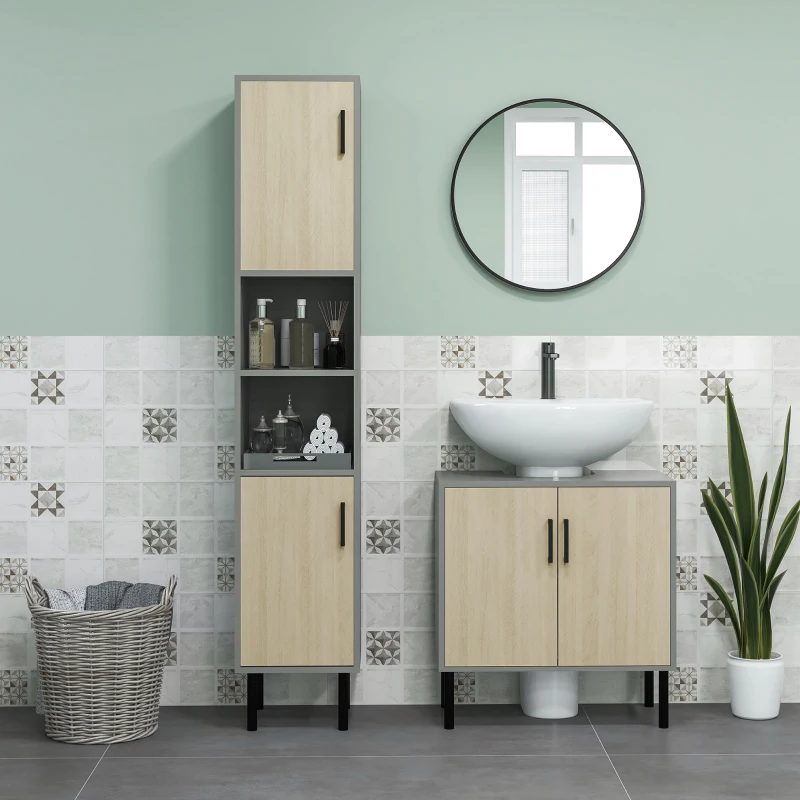 kleankin Bathroom Furniture Set with Doors, Tall Bathroom Cabinet with Adjustable Shelves, Under Sink Cabinet, Grey