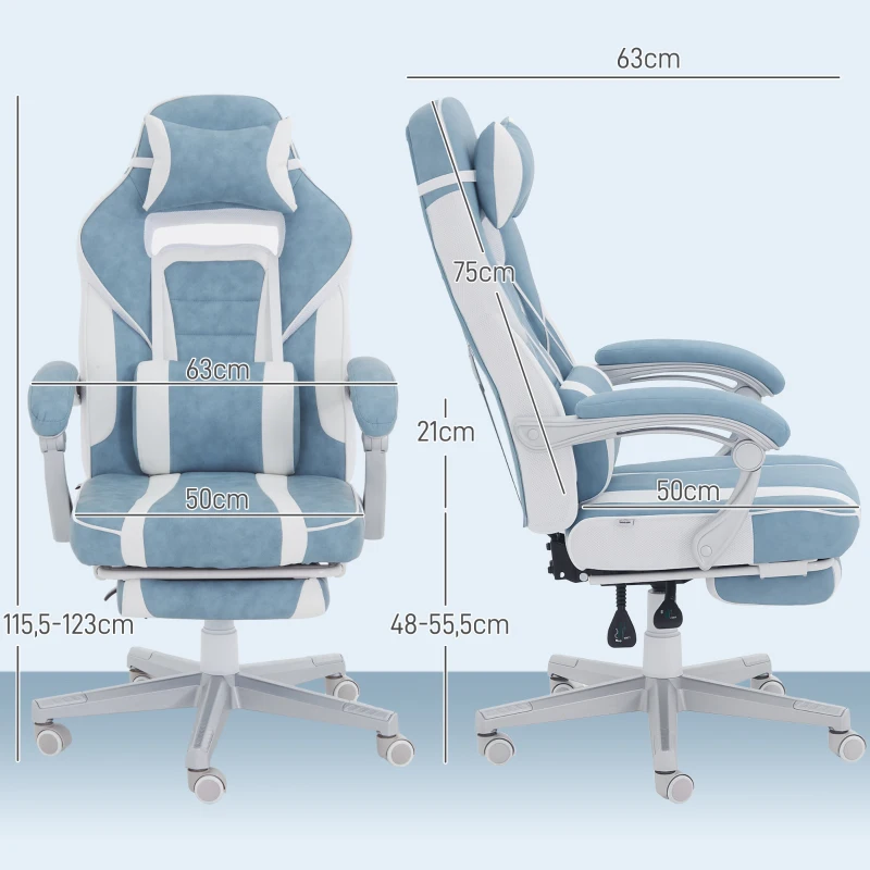 HOMCOM Cadeira Gaming Cadeira de Escritório Reclinável Apoio para os Pés Retrátil Suporte Lombar e Almofada para a Cabeça 63x63x115,5-123 cm Azul