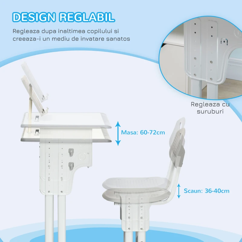 Homcom Birou scolar Copii 6-12 Ani – Reglabil cu Pupitru si Scaun
