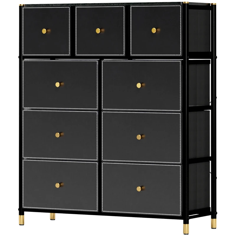 HOMCOM Cómoda para Dormitório de Tecido com 9 Gavetas Dobráveis com Frentes de Couro PU e Estrutura de Aço 88x30x103,5 cm Preto