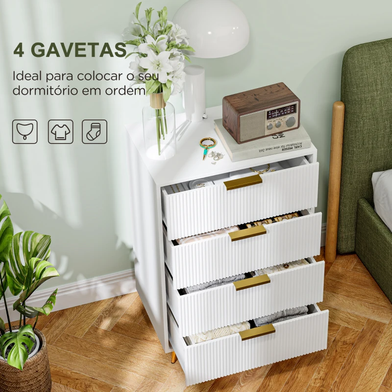 HOMCOM Cómoda com 4 Gavetas Cómoda de Dormitório Moderna com Desenho Ondulado Anti-Tombo 60x40x90 cm Branco