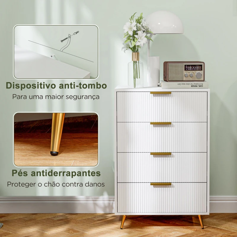 HOMCOM Cómoda com 4 Gavetas Cómoda de Dormitório Moderna com Desenho Ondulado Anti-Tombo 60x40x90 cm Branco