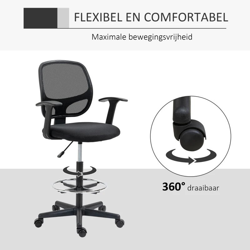 Vinsetto Bureaustoel ergonomisch met voetensteun, 5 wielen, in hoogte verstelbaar, staal, mesh-stof, zwart(m-7)
