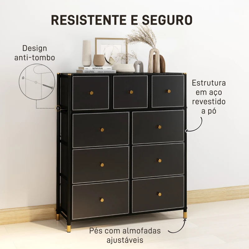 HOMCOM Cómoda para Dormitório de Tecido com 9 Gavetas Dobráveis com Frentes de Couro PU e Estrutura de Aço 88x30x103,5 cm Preto