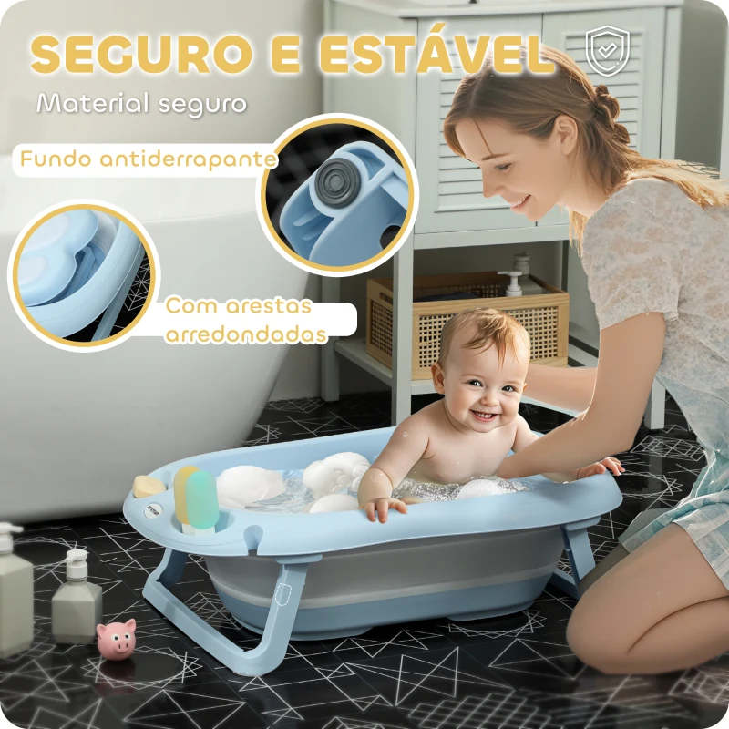 AIYAPLAY Banheira Dobrável para Bebé com Suporte Banheira Recém Nascido com Orifício de Drenagem  83x48x23,5 cm Azul Claro