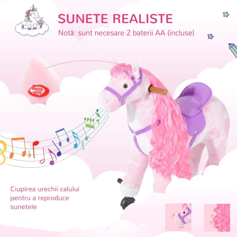 HOMCOM Cal Balansoar pentru Copii 2+ Ani cu Roți și Sunete, Leagăn pentru Copii cu Suport pentru Picioare, 65x28x75 cm, Roz
