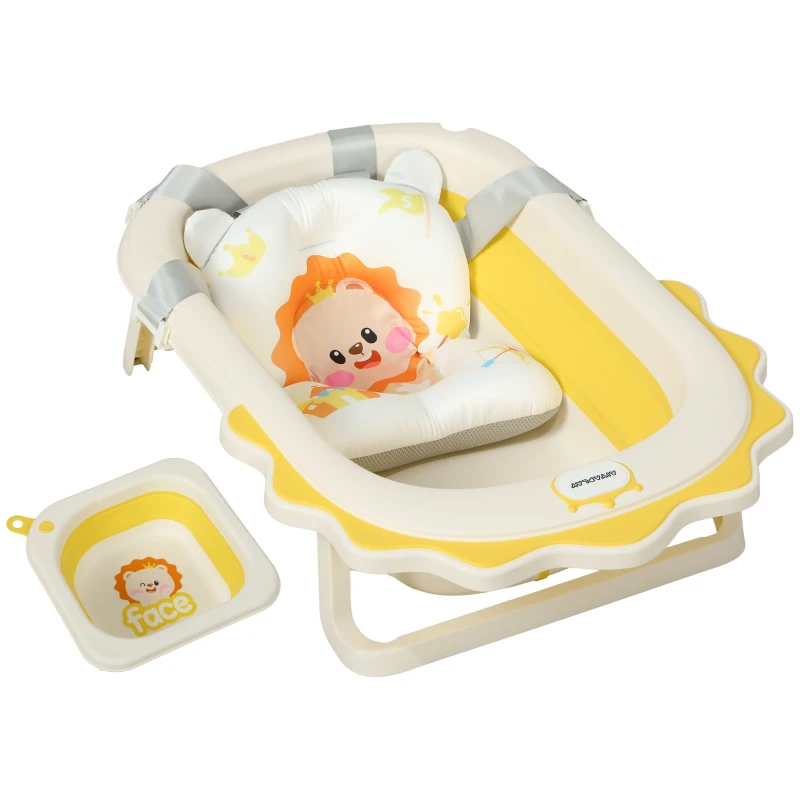 AIYAPLAY Banheira Dobrável para Bebés com Almofada e Cubo Antiderrapantes Orifício de Drenagem e Orifício para o Duche 80,5x55x20 cm Amarelo