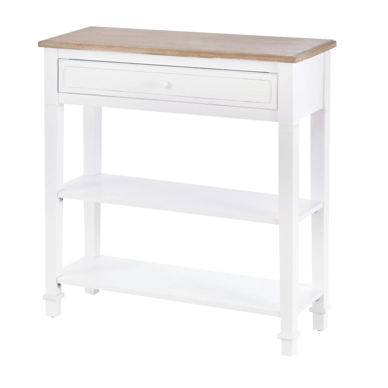 HOMCOM Tavolo Consolle Bianco e Color Legno con Cassetto e 2 Ripiani, Tavolino Salvaspazio in MDF, 75.6 x 27.5 x 80.5cm