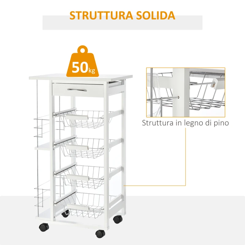 HOMCOM Carrello da Cucina Salvaspazio in Legno Bianco, Portavivande con 1 Piano di Lavoro 1 Cassetto e 4 Cestelli Metallici, 47x37x83cm