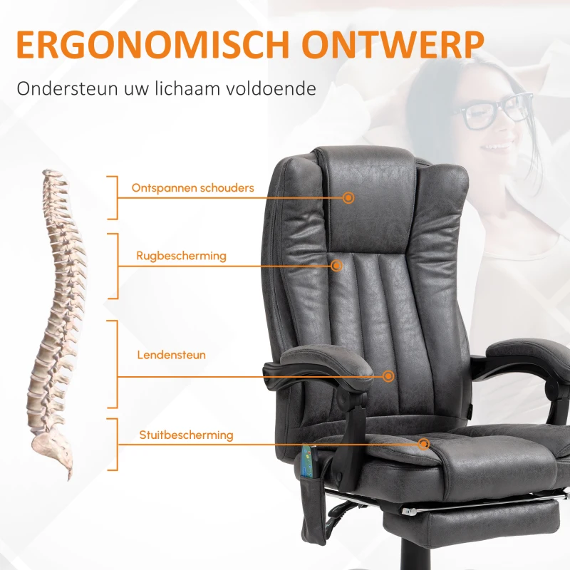 Vinsetto Directiestoel met Massage- en Verwarmfunctie, Voetensteun, Verstelbaar, tot 120kg, Grijs