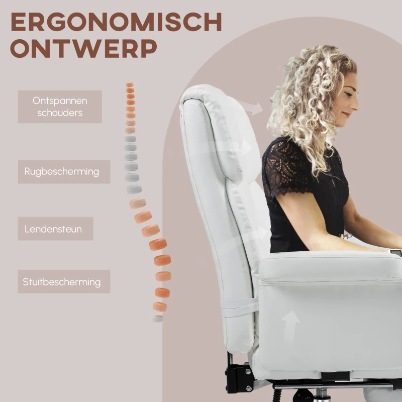 HOMCOM Ergonomische Bureaustoel, In Hoogte Verstelbaar 48-56 cm, Kantelbare Rugleuning, Voetsteun, Wit(m-4)