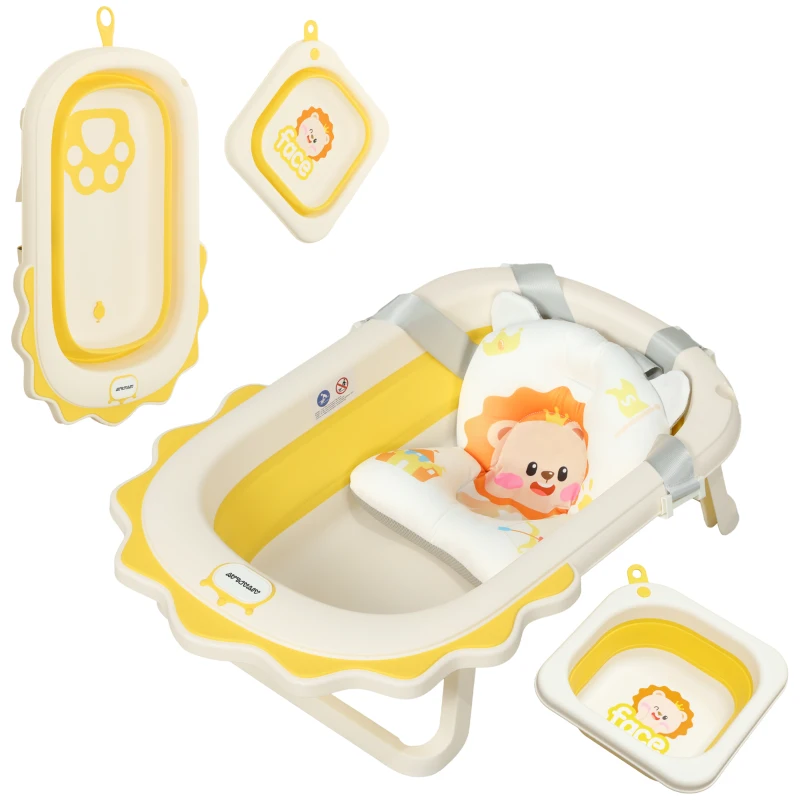 AIYAPLAY Banheira Dobrável para Bebés com Almofada e Cubo Antiderrapantes Orifício de Drenagem e Orifício para o Duche 80,5x55x20 cm Amarelo