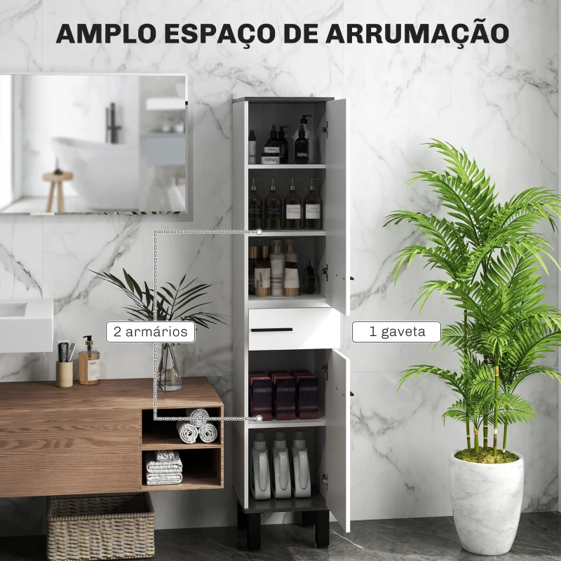 HOMCOM Coluna Casa de Banho Armário Alto Casa de Banho com Gaveta 2 Portas e Prateleiras Ajustáveis 34x34x170 cm Branco