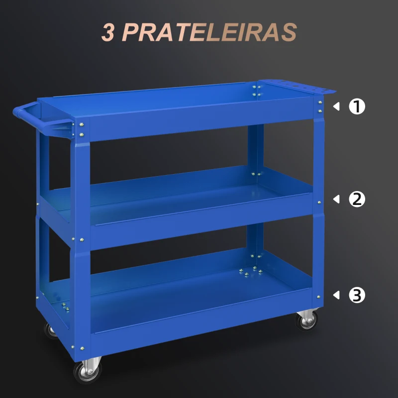 DURHAND Carrinho de Ferramentas com Rodas 3 Prateleiras de Armazenamento e Alça Lateral 83x35,3x76 cm Azul