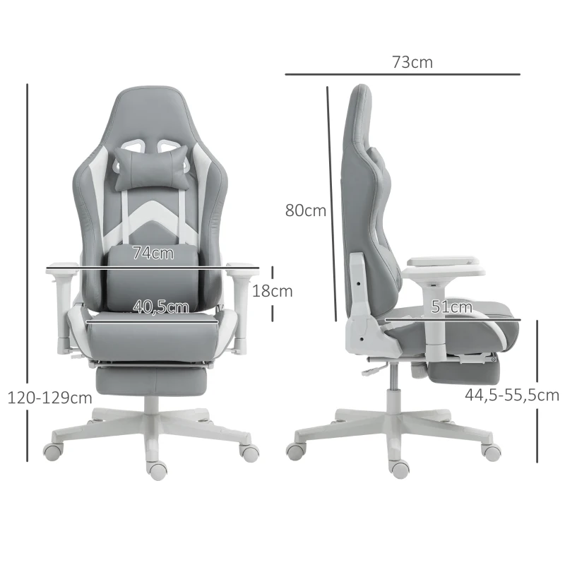 HOMCOM Cadeira Gamimg Reclinável com Apoio para os Pés Retrátil Suporte Lombar e Apoio para a Cabeça 74x73x120-129 cm Cinza Claro e Branco