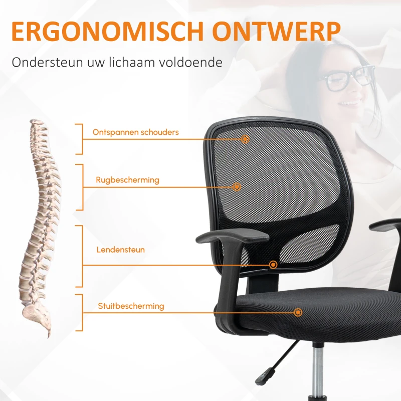 Vinsetto Bureaustoel ergonomisch met voetensteun, 5 wielen, in hoogte verstelbaar, staal, mesh-stof, zwart(m-4)