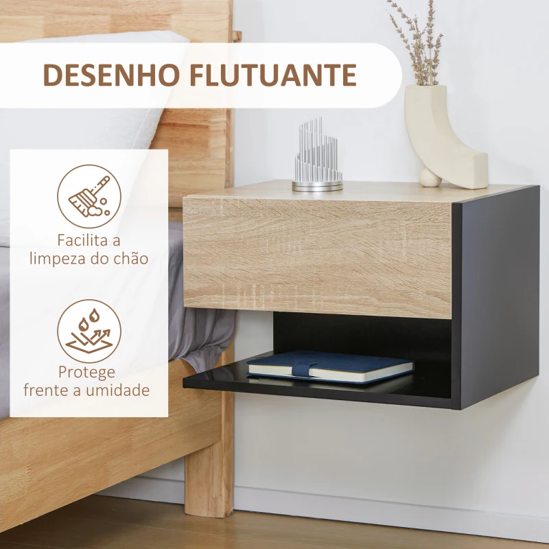 HOMCOM Conjunto de 2 Mesas de Cabeceira Flutuantes com 1 Gaveta e Prateleira Aberta 46x30x30 cm Carvalho e Preto