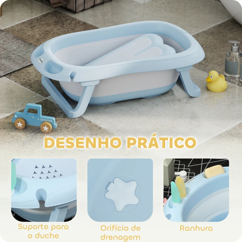 AIYAPLAY Banheira Dobrável para Bebé com Suporte Banheira Recém Nascido com Orifício de Drenagem  83x48x23,5 cm Azul Claro